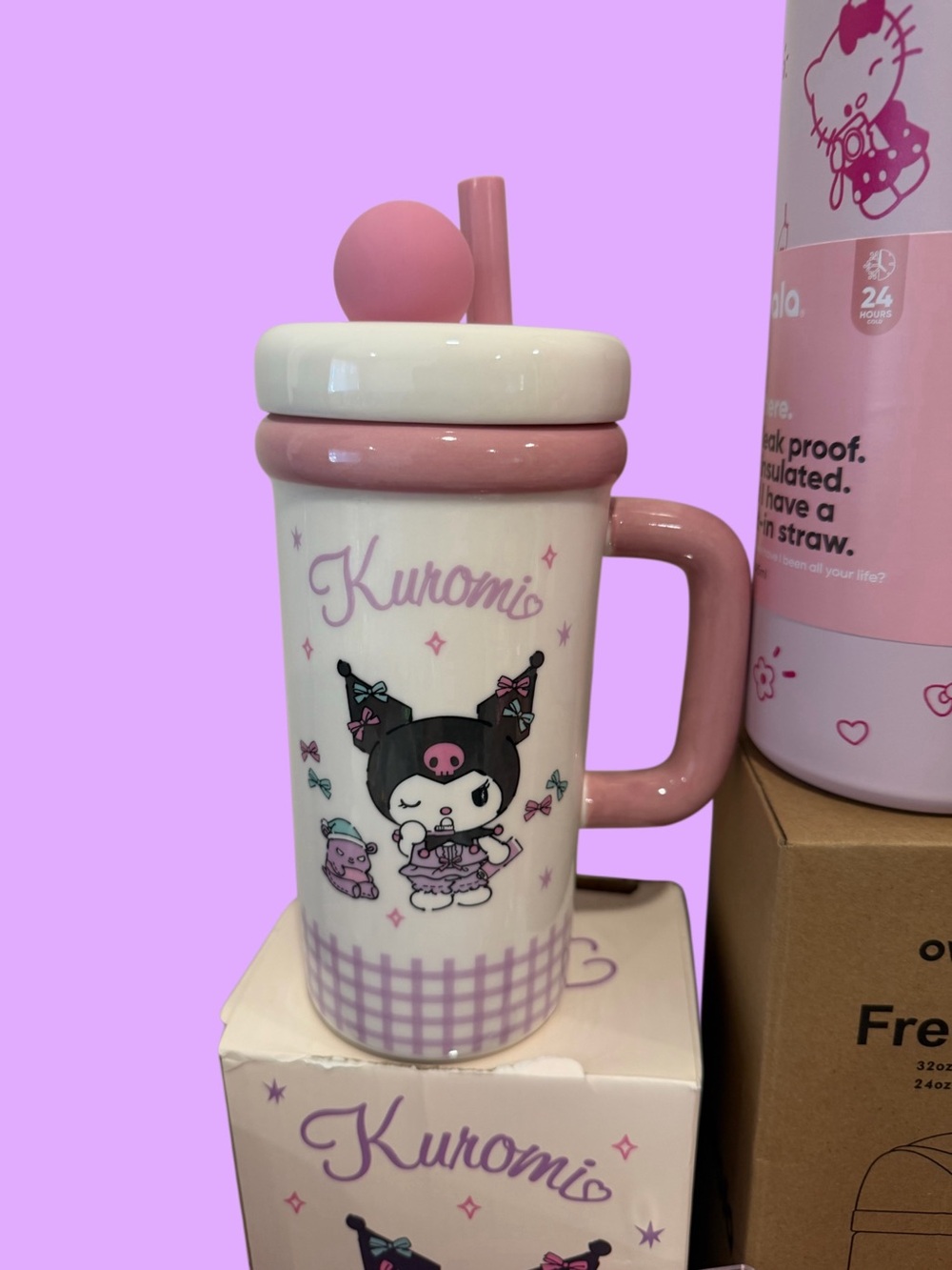 Sanrio Kuromi Pink and White Ceramic Mug with Straw